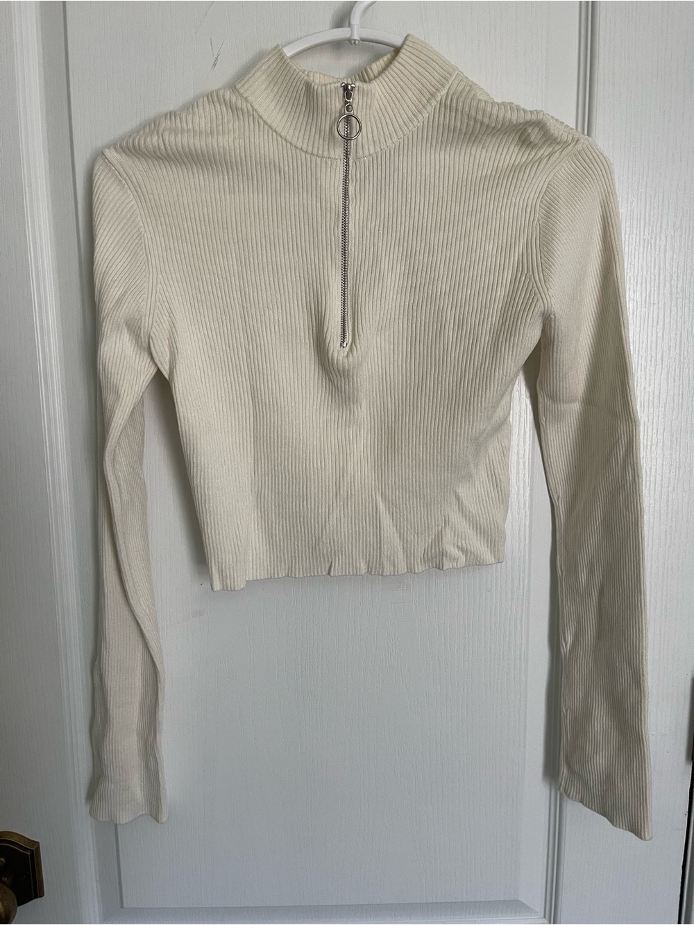 Cream Ribbed Half-Zip Crop Top - Picture 2 of 2